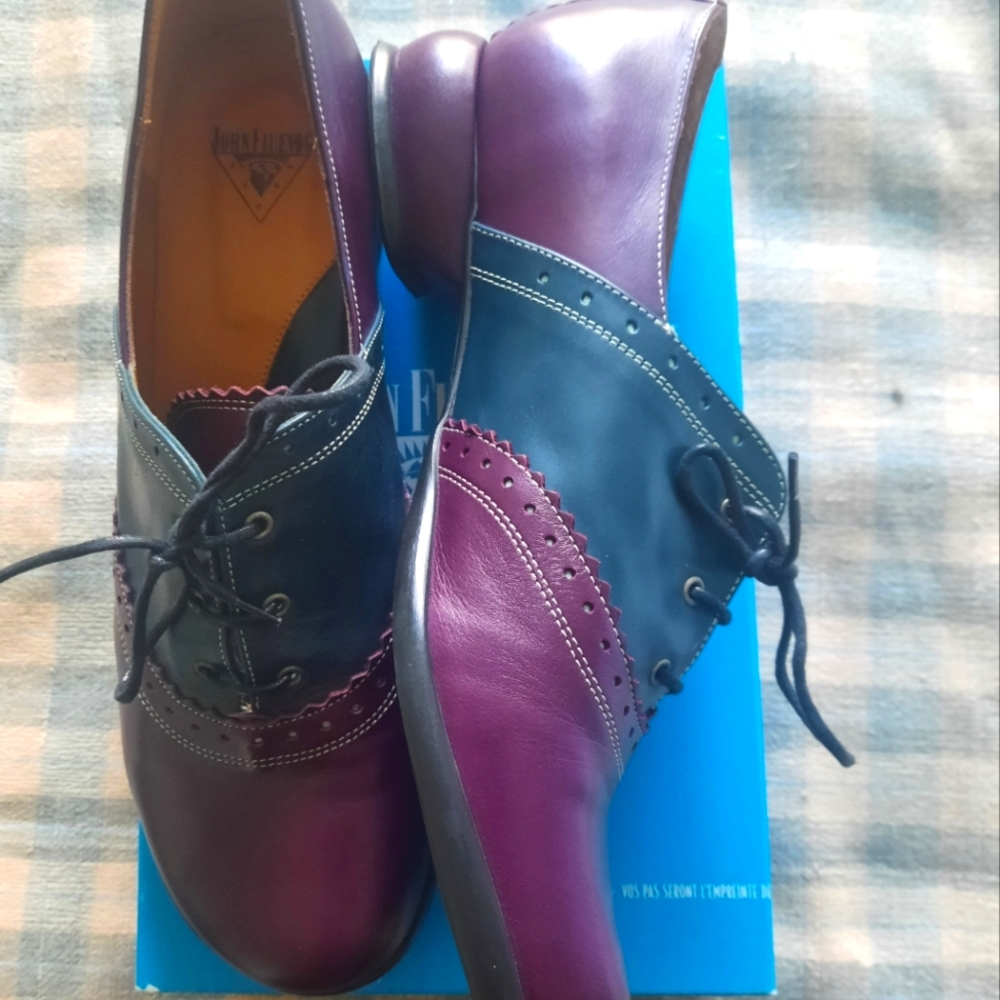 John Fluevog Purple and Black Leather Oxford Shoes. Sixe 11.5